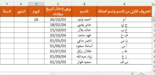 في الصورة المقابلة لتعبئة الخلية D2 بصورة صحيحة نستخدم دالة