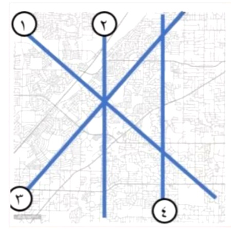 الخريطة أعلاه تبين خطوط سير المترو في احد المدن أي من هذه الخطوط يبدو انهما متعامدان